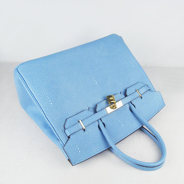 High Quality Fake Hermes Birkin 35CM Pearl Veins Leather Bag Light Blue 6089 - Click Image to Close